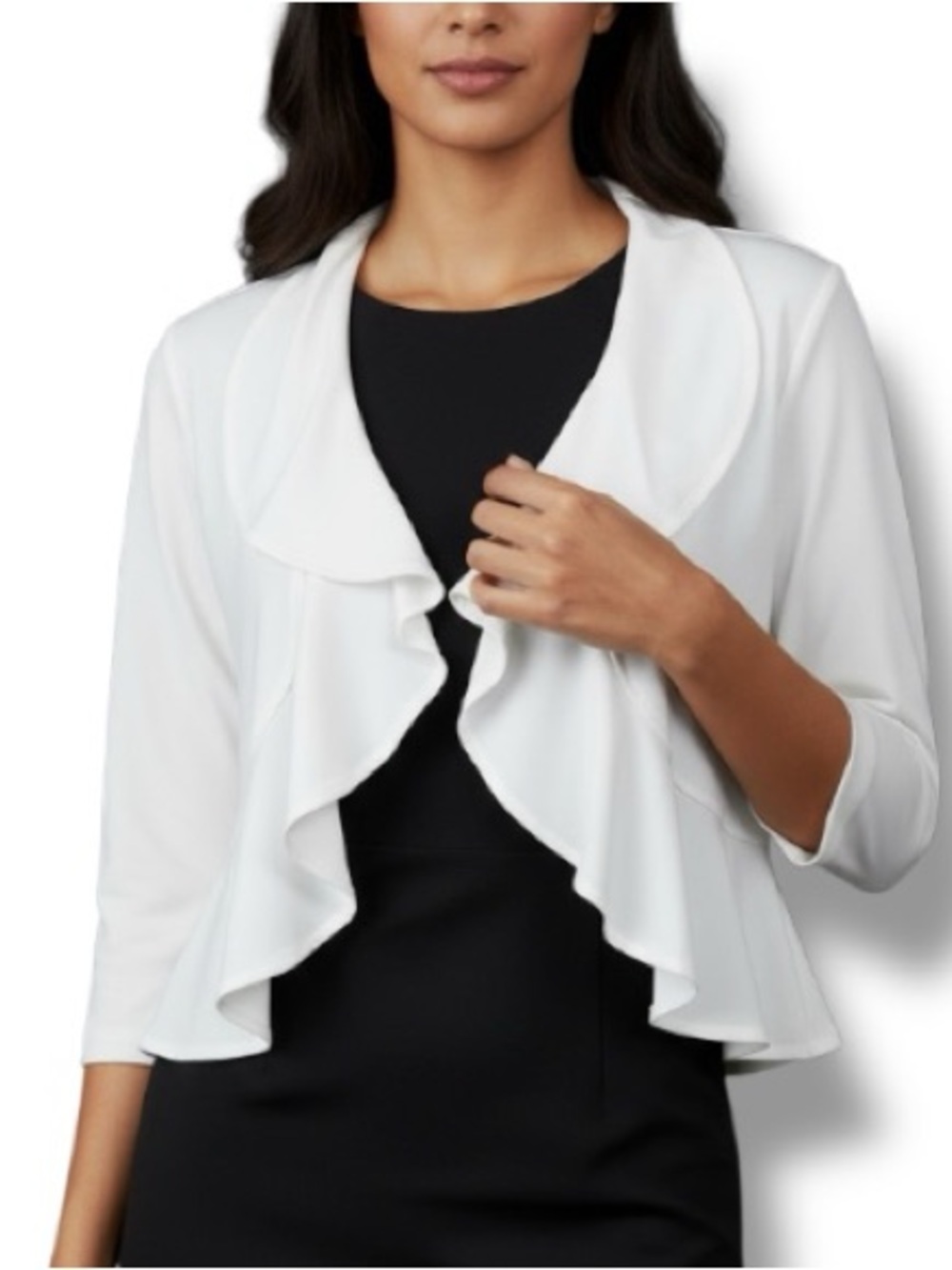 Nina Leonard White Ruffle-Front Draped Sheer Pearl-Back Shrug. Women’s Sz Small